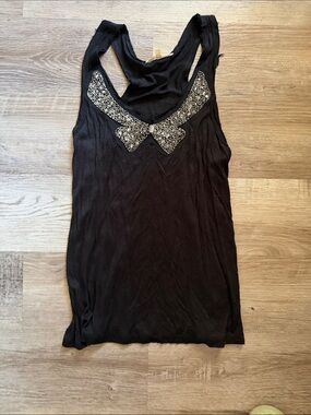 Lush Black Racerback Tank with Sequin Bow Accent